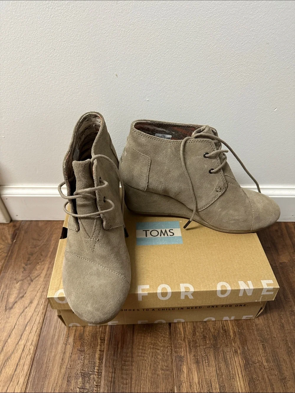 TOMS Taupe Suede Lace-Up Wedge Ankle Booties